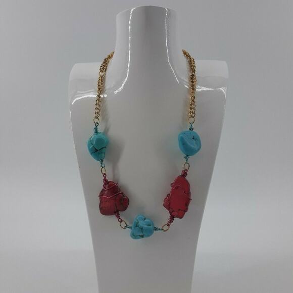 Turquoise and Red Stone Colored Coral Handmade - Picture 1 of 10